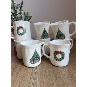 Vintage Salem Porcelle Christmas Tree Wreath Set of 8 Coffee Tea Mugs France 8oz